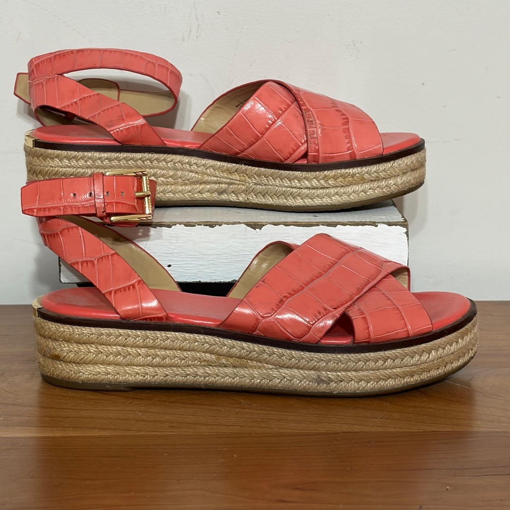 Michael Kors Abbott Platform Sandals Coral Pink Croc Leather Espadrille 6.5M